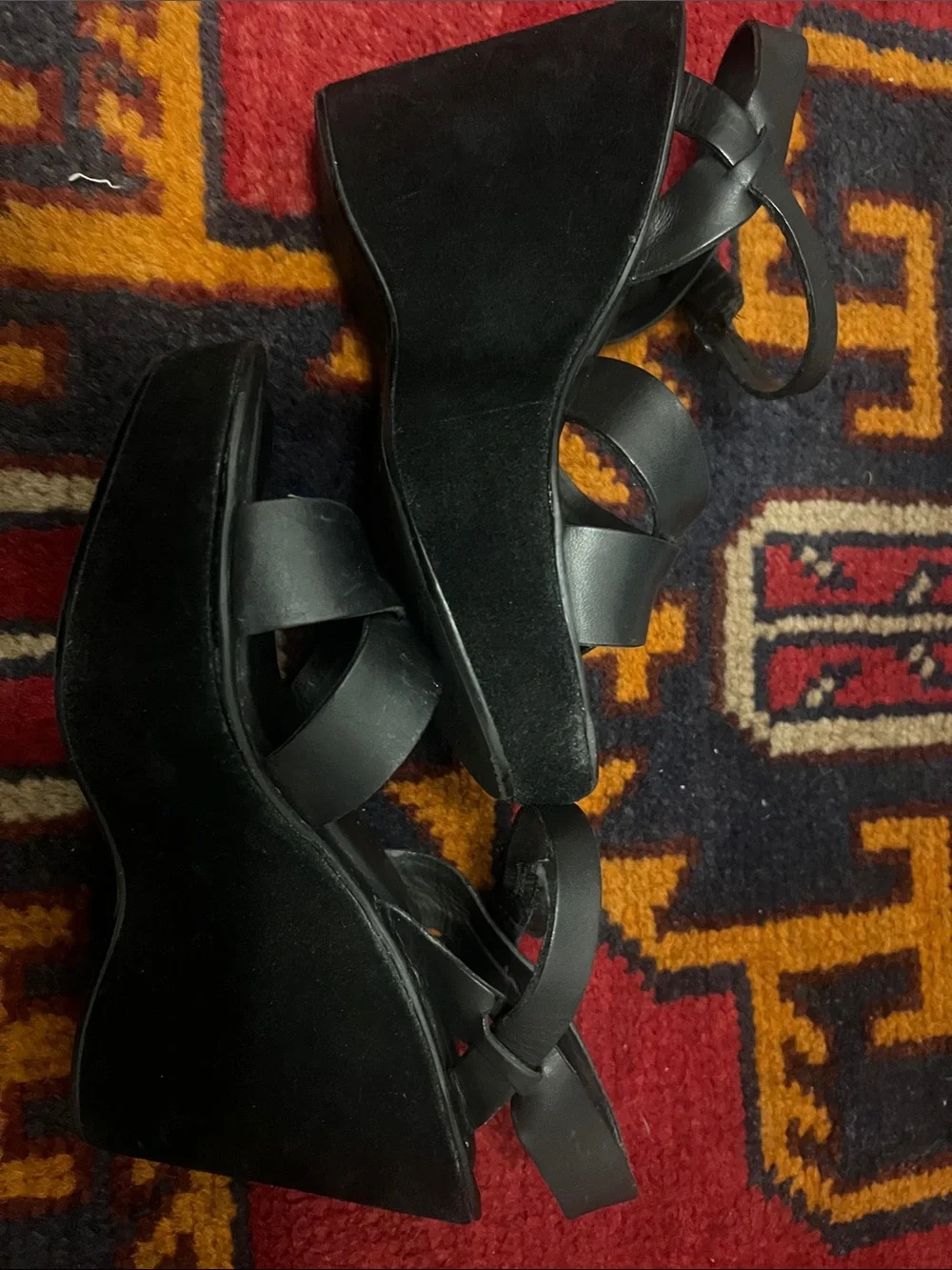Kork-Ease Black Leather Wedge Slingback Sandals